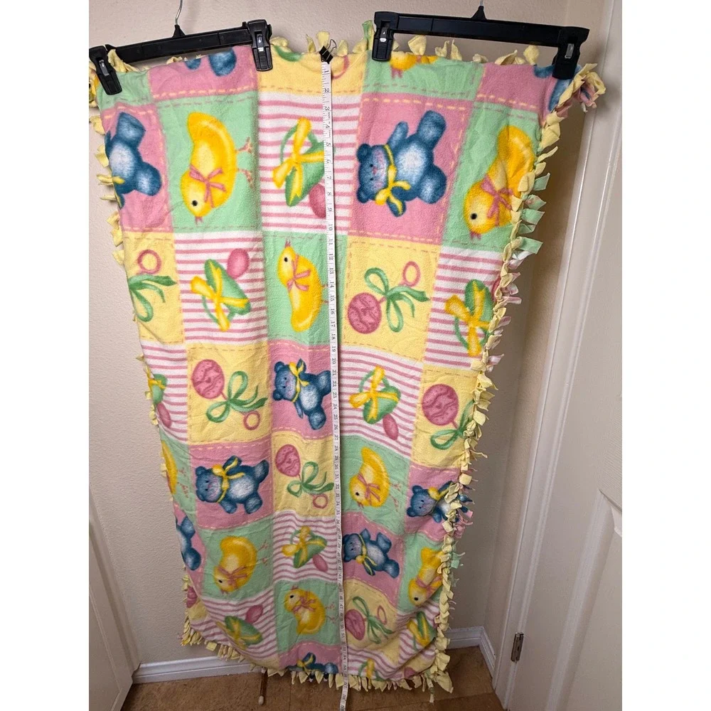 Handmade Fleece Tie Blanket Baby Duck Teddy Bear Pink Yellow Blue 56x32 Throw